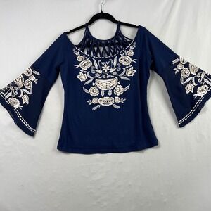 Boston Proper Embroidered Bell Sleeve Top Womens Medium Navy Blue Lattice Neck
